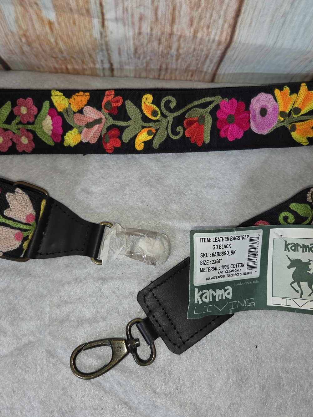 Karma Living Embroidered Floral Bag Strap 100 Cotton Black Adjust Boho Size 2x60